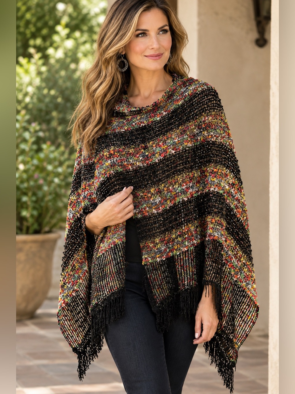 Multicolor Fringe open knit Shawl Poncho